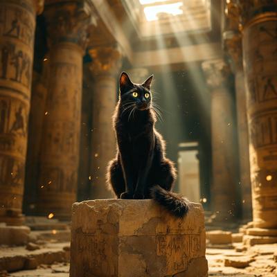 The primary subject of the image is a black cat sitting on a stone block. The setting is a large, ancient-looking building with columns and a high ceiling. The visual style is a photo, capturing the cat in its natural environment. The colors and mood of the image are dark and moody, with the black cat contrasting against the stone and the overall atmosphere of the building.